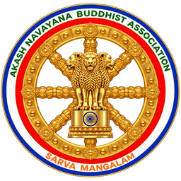 The emblem of the Akash Navayana Buddhist Association: the Dharma wheel and the lion capital, ringed with the association's name and Sarva Mangalam